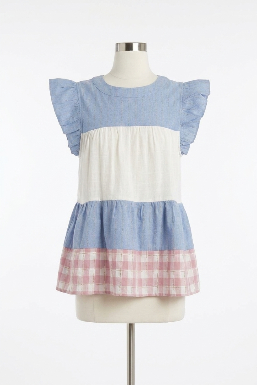 NEW ENTRO mixed print tiered top in blue